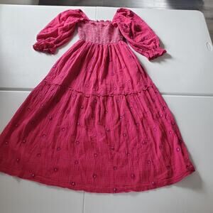 Smocked Maxi Dress Womens Medium Pink Puff Sleeve Embroidered Dahlia Tiered Boho